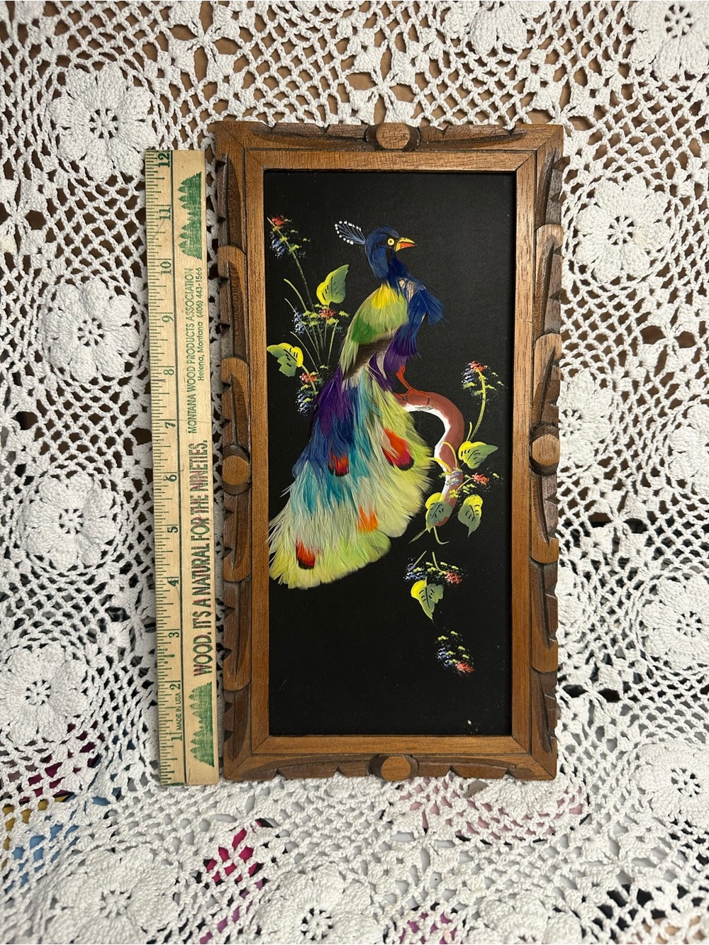 Rare Hand-Painted Feathered Peacock Wall Plaque Mexican Folk Art
